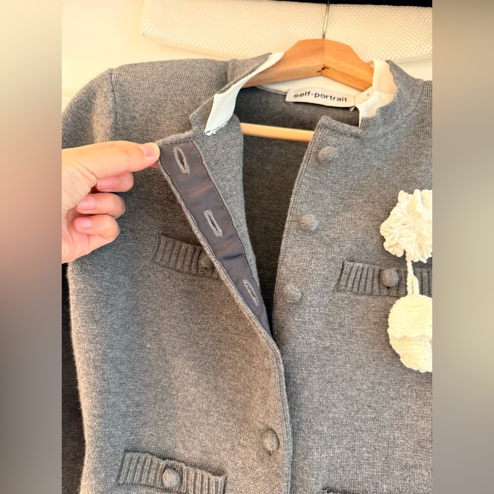 NEW Self-Portrait Gray crochet-flower button Cropped Long Sleeve Cardigan, S - Picture 13 of 14